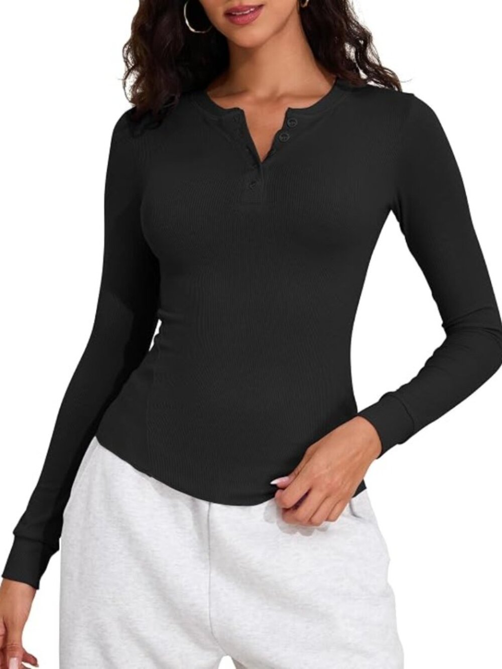 Black Ribbed Slim Fit Henley Long Sleeve Tee Women Casual Tops